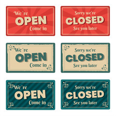 Modern Open and Closed Sign Vector Set. Retro Style Shop Labels. Design Illustration