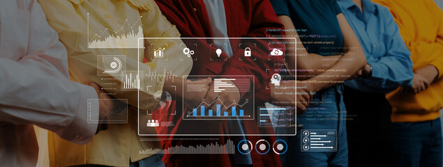 A diverse group of individuals stands united, surrounded by digital displays of data, emphasizing teamwork, innovation, and modern business principles in action. Trope