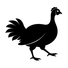 Black silhouette of a chicken walking with tail feathers spread