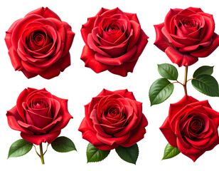 Cluster Set of Red Rose Blooms in Mixed Angles, High Detail Florals, Isolated on Transparent Background