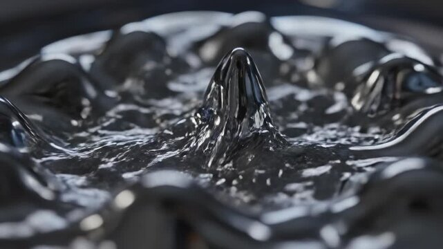 Extreme slow motion macro shot of a polished silver metallic surface vibrating and distorting due to low frequency sound resonance silver, detail, physics