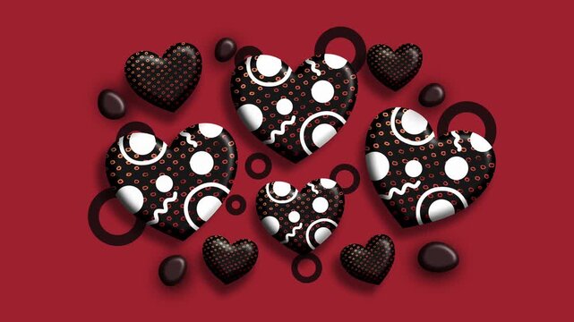 Chocolate patterned hearts arranged in playful decorative style