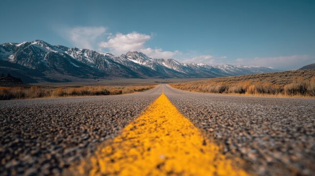 A yellow line on a road in the desert. The road is empty and the sky is clear - Powered by Adobe