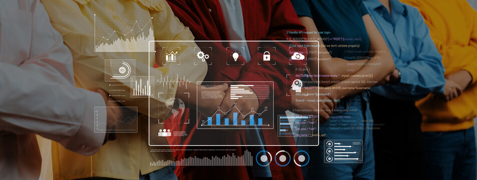 A diverse group of individuals stands united, surrounded by digital displays of data, emphasizing teamwork, innovation, and modern business principles in action. Trope