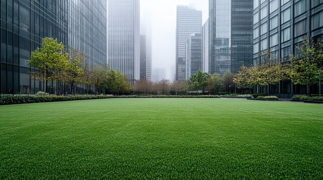 Lush green lawn framed by misty high rise skyline and tree lined plaza, calm urban morning
