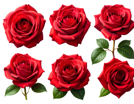 Cluster Set of Red Rose Blooms in Mixed Angles, High Detail Florals, Isolated on Transparent Background