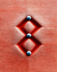 Close-up of a red upholstered fabric with three blue buttons arranged in a diamond pattern. The fabric has a textured appearance.