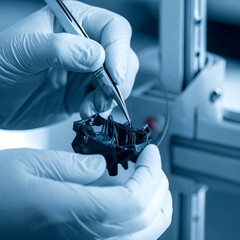 Precision inspection of an intricate 3D-printed component by gloved hands, highlighting meticulous attention to detail in advanced manufacturing and technological innovation
