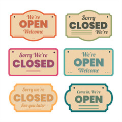 Vintage Open and Closed Sign Vector Set &ndash; Retro Pastel Color Labels. Design Illustration