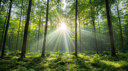 Obraz premium Sun rays forest morning light warm serene