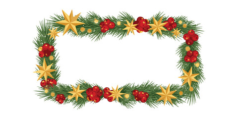 Christmas wreath with green pine branches, holly berries, and a red ribbon bow, isolated on white background