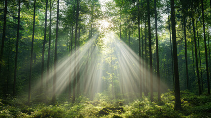 Fototapeta premium Sunlight beam forest canopy morning rays peaceful green woodland