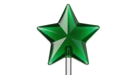 Emerald green star isolated PNG, shiny five-pointed star on a stick for Christmas tree topper or holiday decoration on transparent background