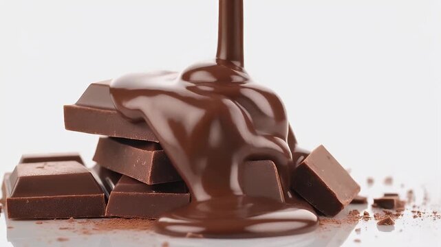 Melted chocolate sauce pours over a tempting stack of dark chocolate squares on a white background.