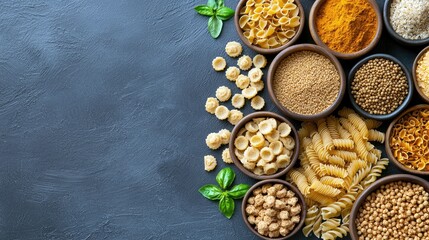Overhead shot of assorted pasta, spices, and herbs in wooden bowls on a dark textured surface. A visually appealing food arrangement.
