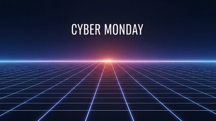 Cyber Monday promotion image with a futuristic grid background and bright light.