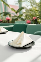 A folded white napkin sits on a black plate on a white tablecloth. The setting is a restaurant with green seating and a view of plants and flowers.