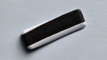 A close-up shot of a nail file with a black abrasive surface and white edges, placed on a gray background.