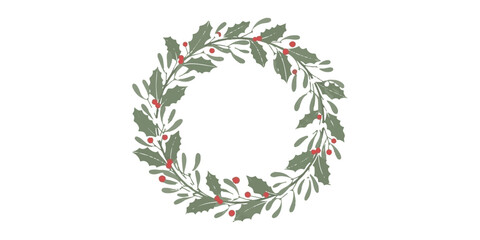 Christmas wreath with holly berries on a white background, perfect holiday season frame decoration