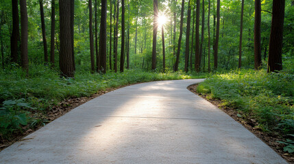 Fototapeta premium Sunlit forest path with soft shadows and peaceful morning light