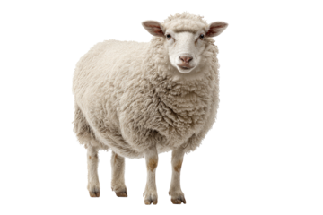 A fluffy, white sheep stands facing forward against a transparent black background