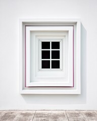 Fototapeta premium A modern art installation featuring a series of nested window frames on a white wall, creating a sense of depth and perspective. The composition is clean and mi