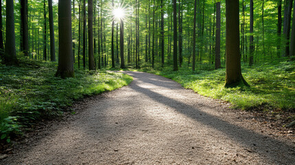 Sunlit forest path sunlight tree trail green