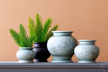 Still life of decorative vases with green plants on a shelf against a neutral background. Studio shot.