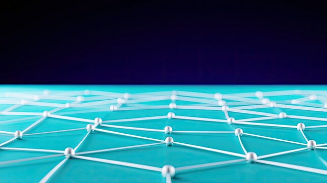 Abstract illustration of a network connection, with spheres and lines on a teal surface against a dark background. - Powered by Adobe
