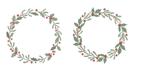 Isolated Christmas wreath vector design of holly leaves, flowers, and branches for a holiday frame, border, or greeting card decoration