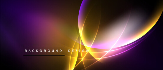 Abstract background features vibrant purple, orange, yellow gradients. Curved lines create dynamic light effects, modern design element.
