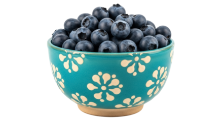 Fresh blueberries in a teal bowl isolated PNG, ripe dark blue berries on transparent background for healthy eating and summer fruit concepts