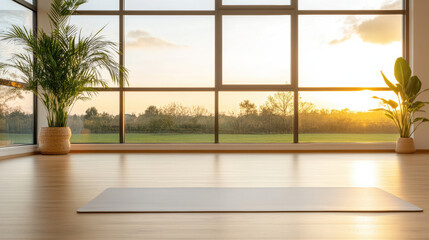 Yoga mat sunrise warm tones reflecting on wooden floor peaceful morning practice