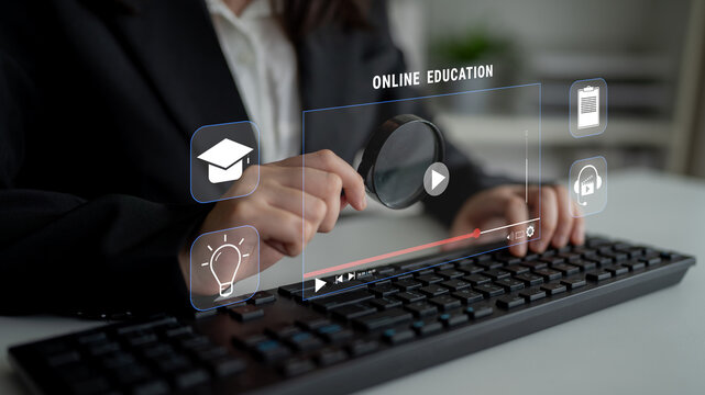 An online education and e-learning platform for distance learning. A concept of video courses, virtual classrooms, and digital study resources. Motif