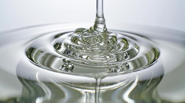 Extremely detailed slow motion close up of thick clear oil moving and swirling against a perfectly blank white background demonstrating viscosity movement, physics, extremely detailed