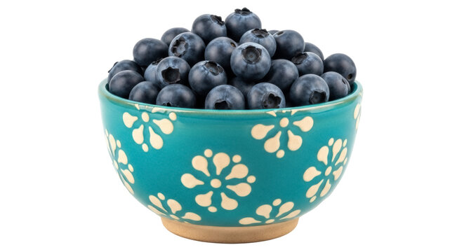 Fresh blueberries in a teal bowl isolated PNG, ripe dark blue berries on transparent background for healthy eating and summer fruit concepts