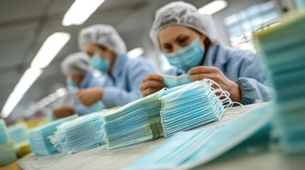In a factory workers wearing masks and hairnets carefully assemble medical masks. The environment emphasizes safety and quality in production. Workers focus on their tasks among neatly stacked masks.