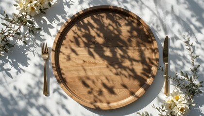 Fototapeta premium A rustic round wooden platter with shadows of leaves, set for a meal outdoors.