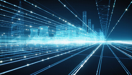 Digital Cityscape: A vibrant digital representation of a modern cityscape, infused with glowing lines of data and futuristic design, capturing the essence of technological advancements.