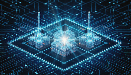 Digital Realm: An intricate digital circuit board glows with futuristic energy, hinting at the vastness of technological evolution. The intricate digital world.
