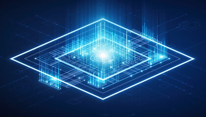 Digital Innovation: Captivating display of intricate digital constructs in an alluring blue hue. A futuristic display perfect for tech related concept.