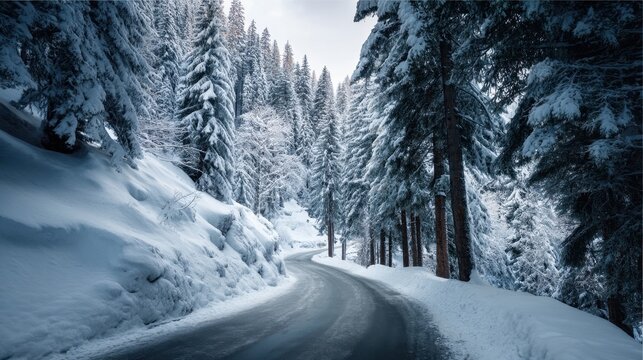 A peaceful scene of a curving road surrounded by tall pine trees covered in snow. Soft light filters through the branches creating a calm winter atmosphere.