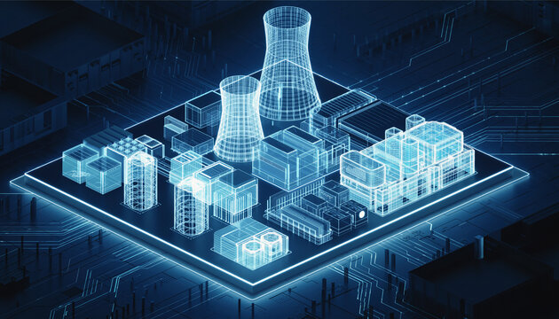 Blueprint of Power: A captivating view of an atomic plant, visualized in an intricate blueprint style. A testament to innovation, the image suggests progress, high tech, engineering.