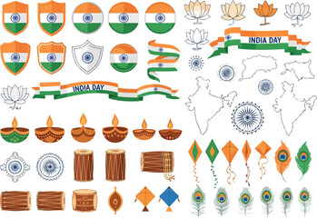 India Day Icons Flags, Maps, and Cultural Elements for Celebrations