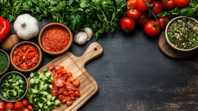 Chopped tomato and cucumber on wooden board with herbs and sauces, fresh vibrant kitchen prep