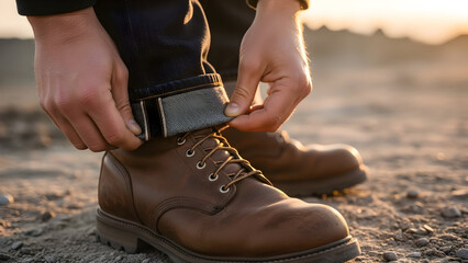 Person tying shoelaces on brown leather boots outdoors
