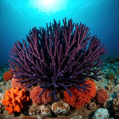 Vibrant purple sea fan coral with orange sponges on rocky seabed underwater