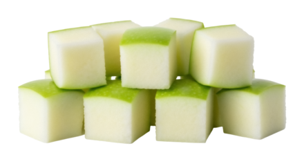 Pile of diced green apples isolated PNG, fresh fruit cubes on transparent background, healthy snack ingredient for cooking and baking