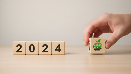 New Year 2024 – Wooden Blocks Eleven 2024 with Fresh Start Pineapple Icon

