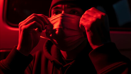 Person wearing face mask in red lit environment